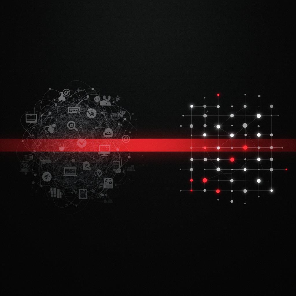 Tangled, disconnected systems on the left resolve into a clean, structured grid on the right — a red beam of clarity cutting through complexity.